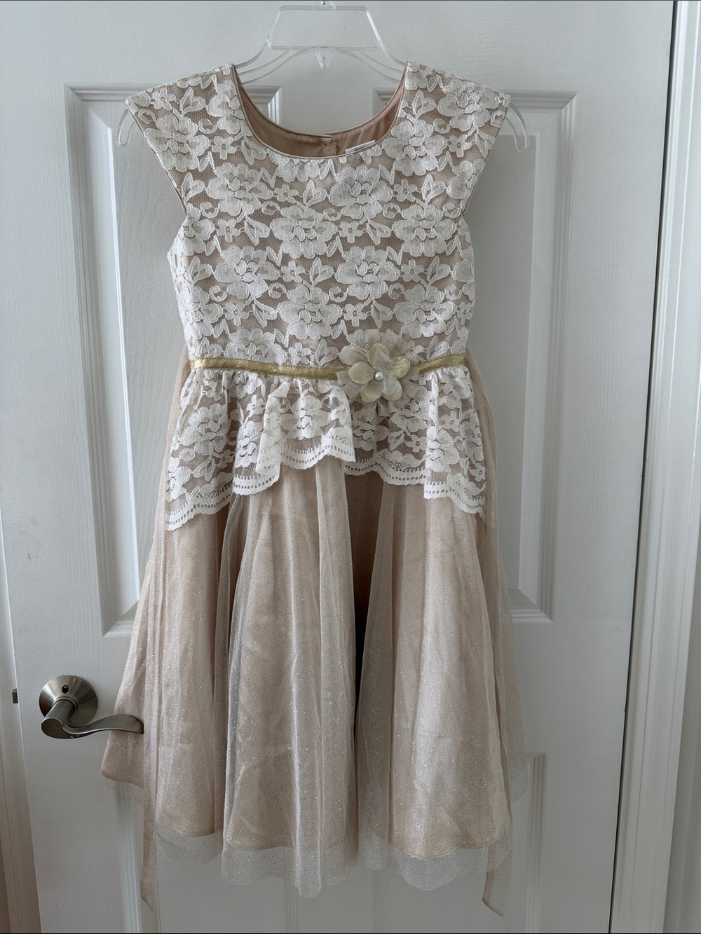Jona Michelle Beige Lace & Gold Belt Girls' Party Dress